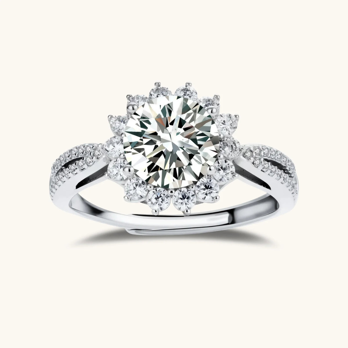 Stellar Halo Moissanite Ring, front view