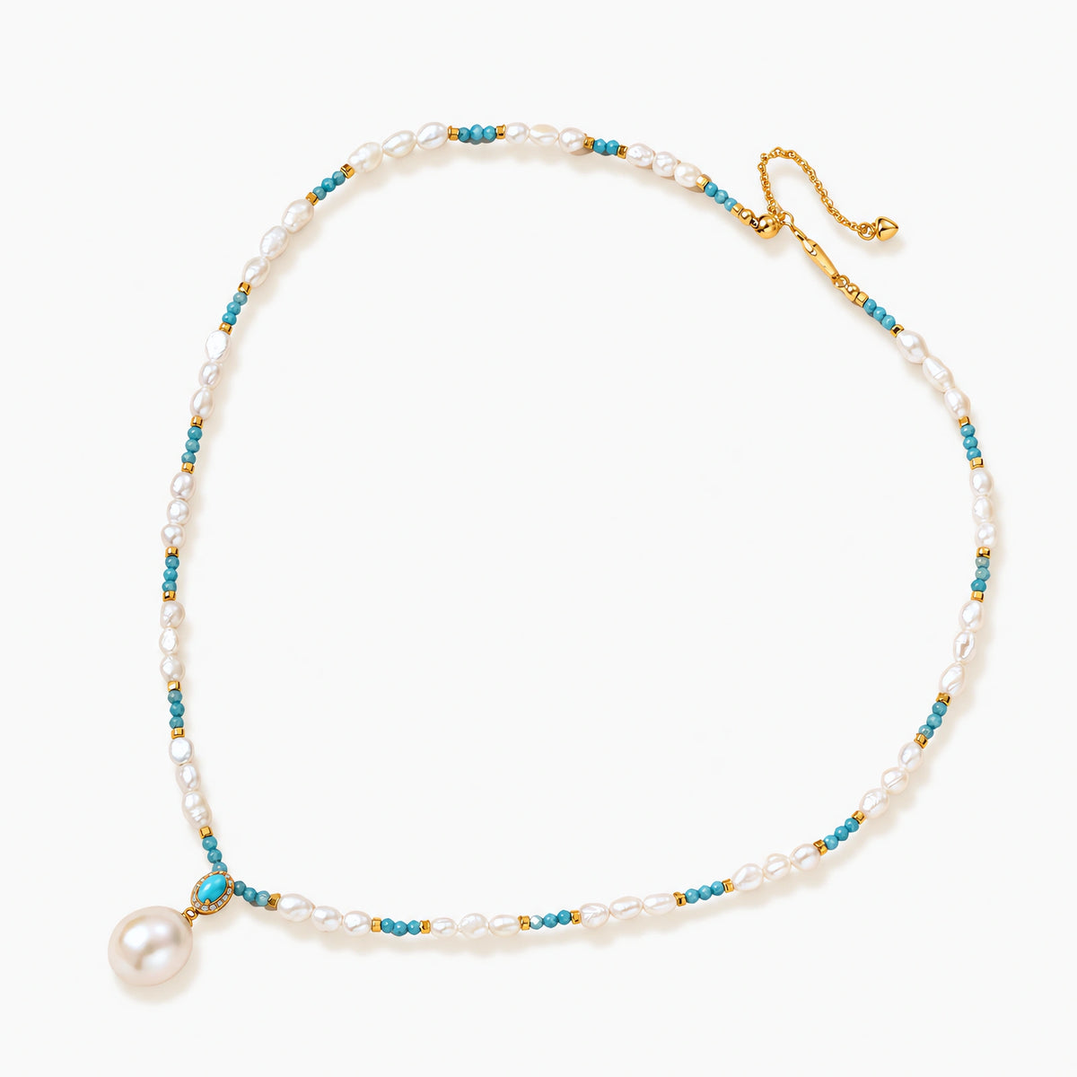 Beaded necklace with baroque pearls, turquoise stones, and gold accents featuring a large pearl pendant on white background.