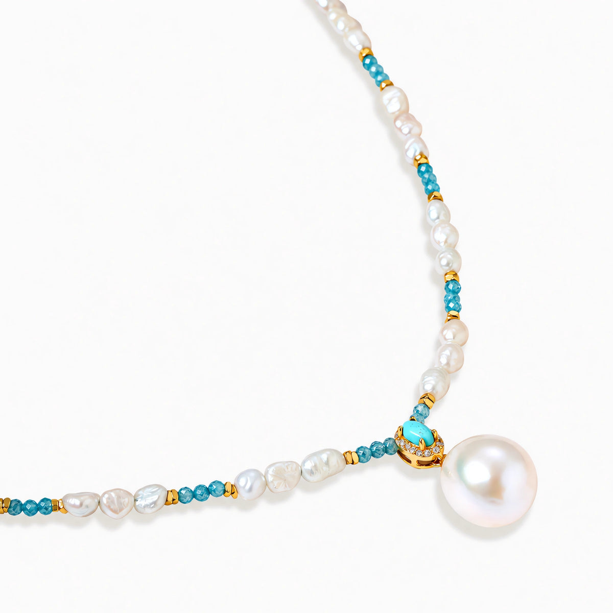 Beaded necklace with baroque pearls, turquoise stones, and gold accents featuring a large pearl pendant on white background.