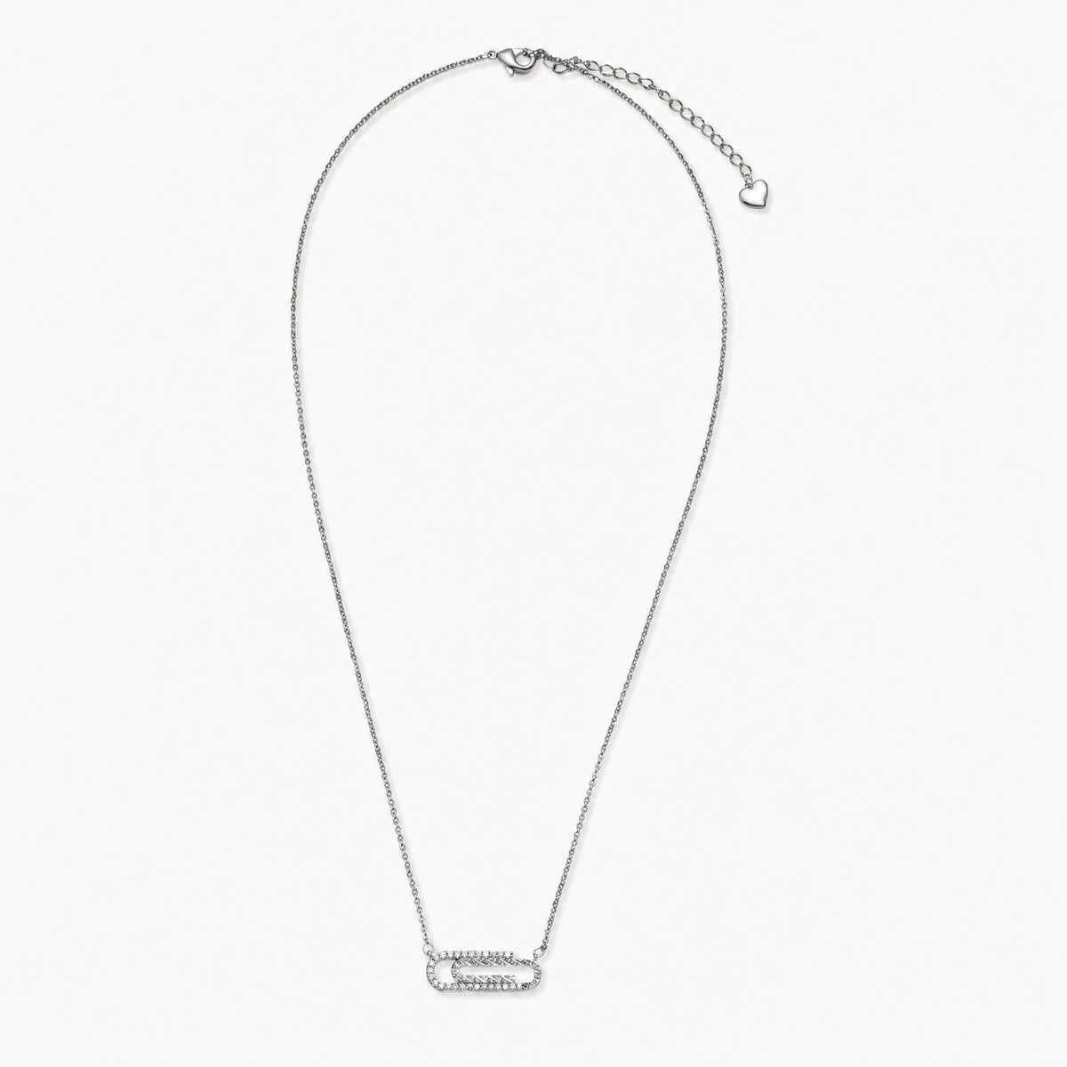 White gold plated necklace with dual-frame geometric pendant featuring crystal pavé border on pale background.