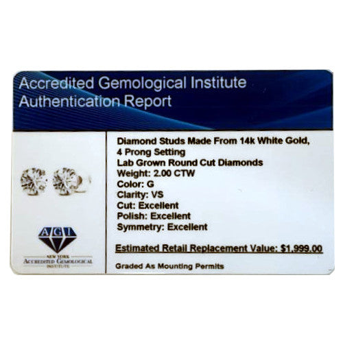 2.00 CTW AGI Certified Lab-Grown Diamond Stud Earrings in 14K Yellow Gold | G Color VS Clarity | USA Handcrafted Fine Jewelry