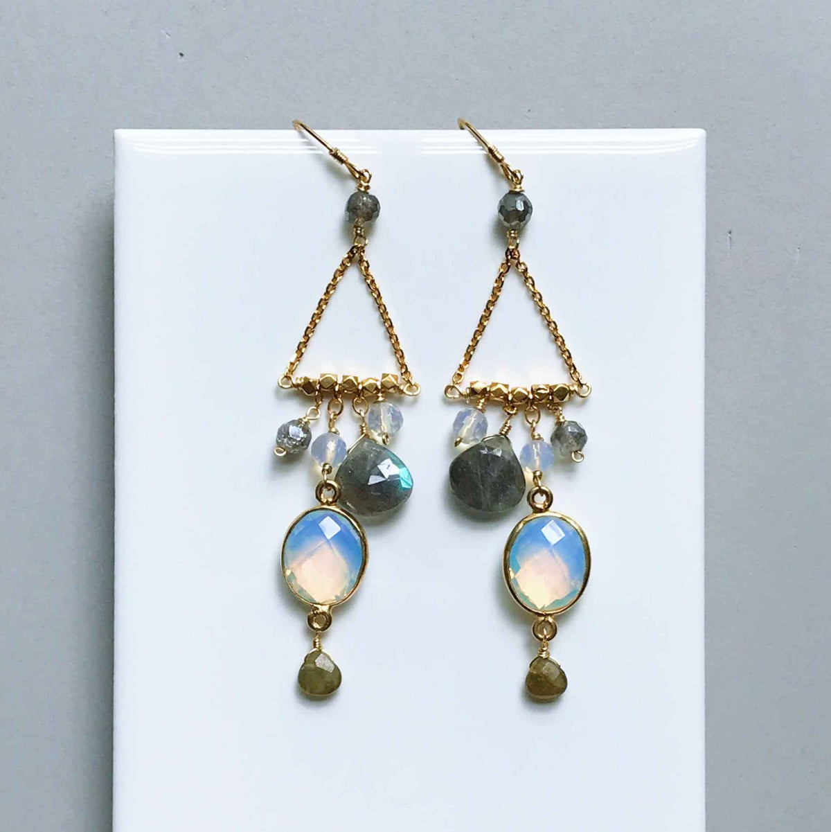 Opalite Chandie EarringsOur "chandies" are a modern take on classic chandelier earrings, using gemstone color combos and varying stone shapes and sizes. This pair features bezel set opal quEarringsPARKEN JEWELRYVettedArcOpalite Chandie Earrings