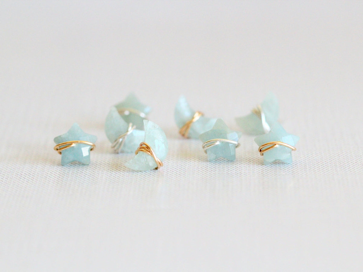 Aquamarine stud earrings with moon and stardust design, small celestial earrings for everyday wear