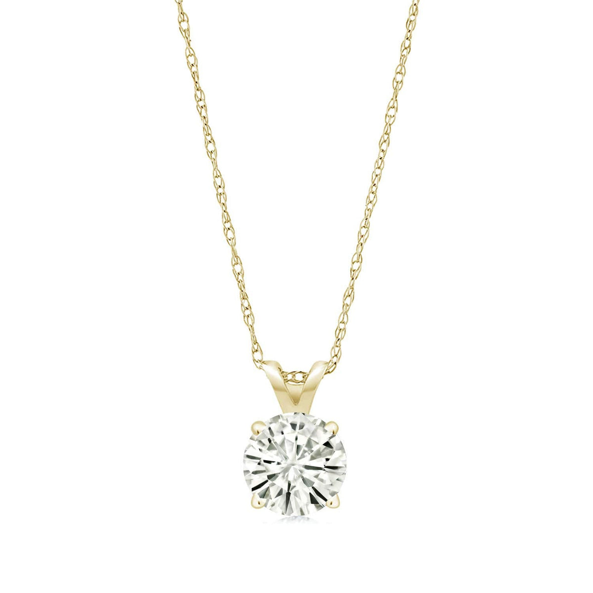 Moissanite pendant necklace in 14k gold shown with certificate of authenticity