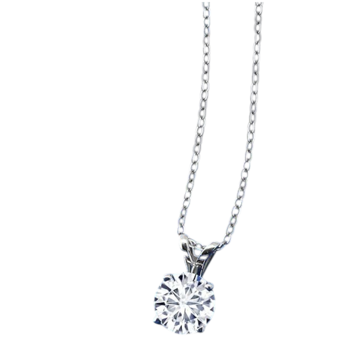Close-up of round brilliant moissanite stone in a solitaire pendant setting