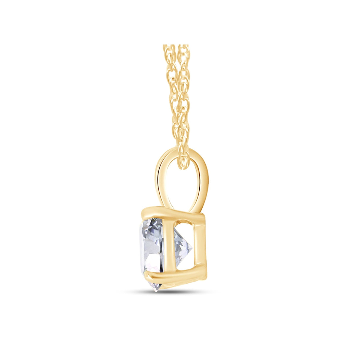 Moissanite solitaire pendant necklace worn at the collarbone on a model