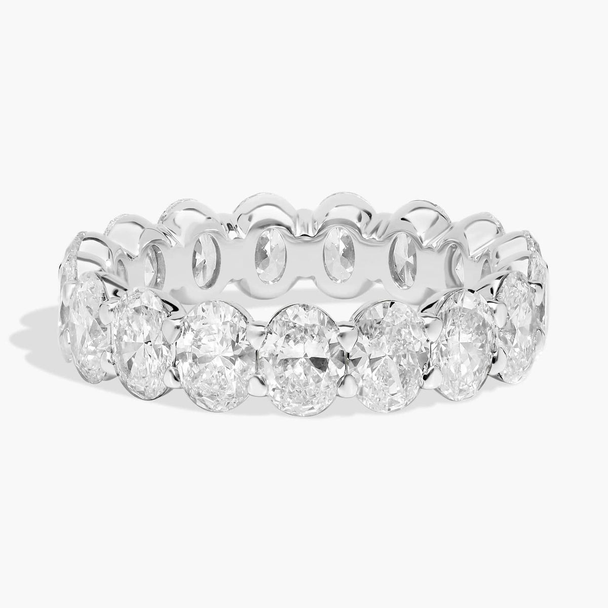 Created moissanite oval eternity ring, 5.00 CTW, white gold finish on hand