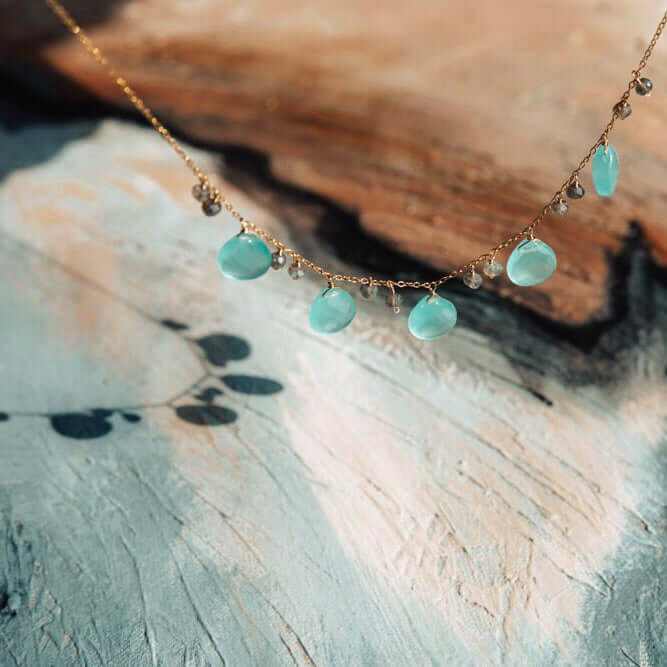 Aqua Chalcedony and Labradorite Dewdrop Necklace with gold plating and sterling silver displayed on a white background