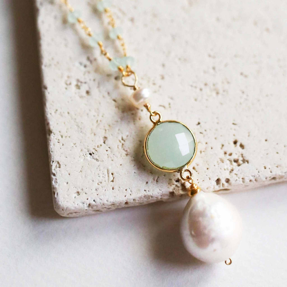 Baroque pearl convertible necklace with large pearl and gemstones in 14k gold plated sterling silver