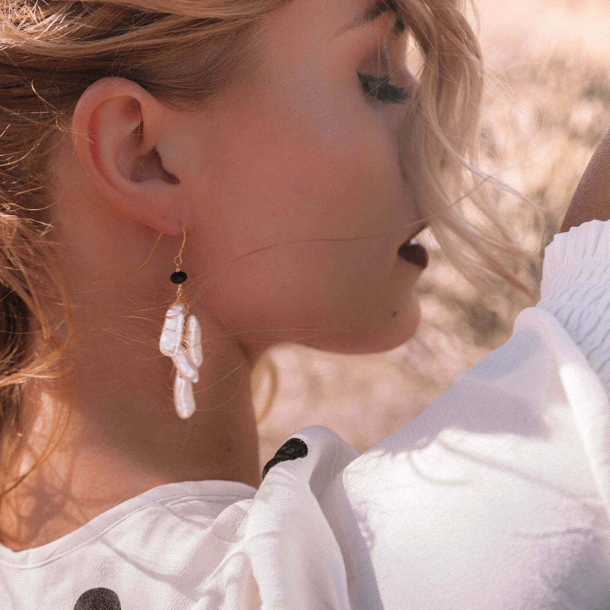 Blush stick pearl earrings with blush pink freshwater pearls and smoky quartz accents, 3-inch gold plated sterling silver dangle design