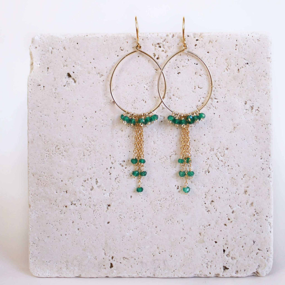 Garnet Mini Swing Hoop Earrings with delicate chains and 14k gold plated sterling silver