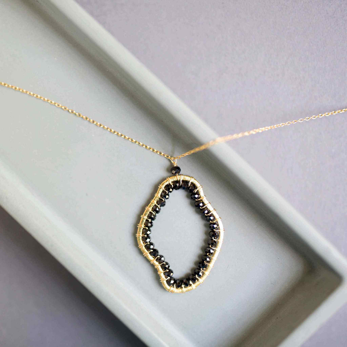 Black Spinel gold pendant and earrings jewelry set