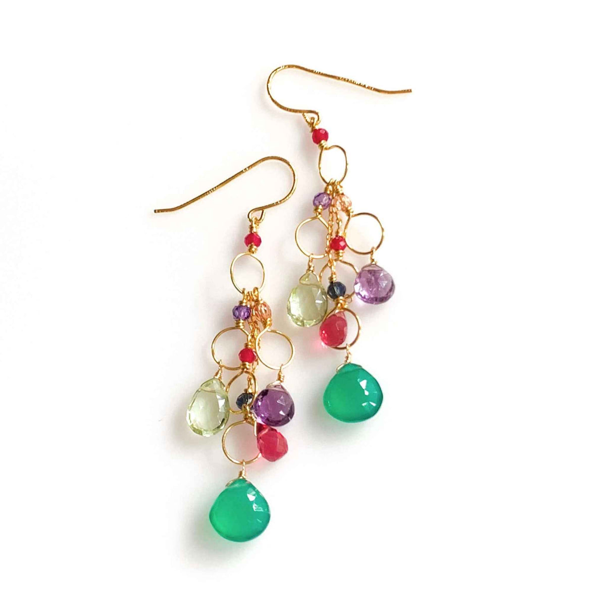 Green Onyx Rainbow Waterfall EarringsColorful gemstone chandelier earrings.
- Green Onyx, Green Amethyst, Dark Pink Tourmaline and Amethyst gemstones- 2.75" long- French Hooks- 14k gold plated .925 fineEarringsPARKEN JEWELRYVettedArcGreen Onyx Rainbow Waterfall Earrings