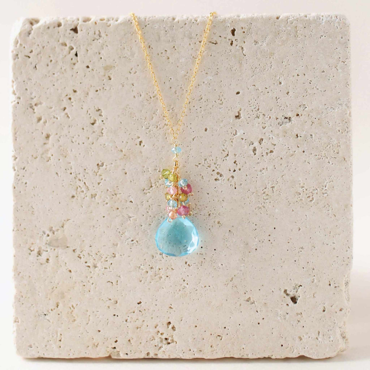 Aquamarine Quartz raindrop cluster necklace in rhodium-plated sterling silver with spring ring clasp