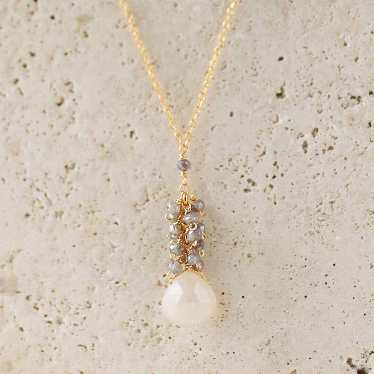 White Chalcedony silver necklace with raindrop pendants and labradorite cluster on sterling silver chain