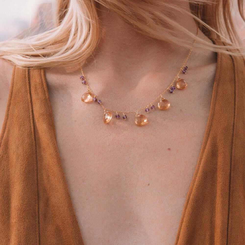 Citrine Sparkler NecklaceA lovely string of sparkling gems.- Citrine and amethyst gemstones- 16-18" long. Necklace has a 2" extender- Spring ring clasp- 14k gold plated .925 fine Italian steNecklacesPARKEN JEWELRYVettedArcCitrine Sparkler Necklace