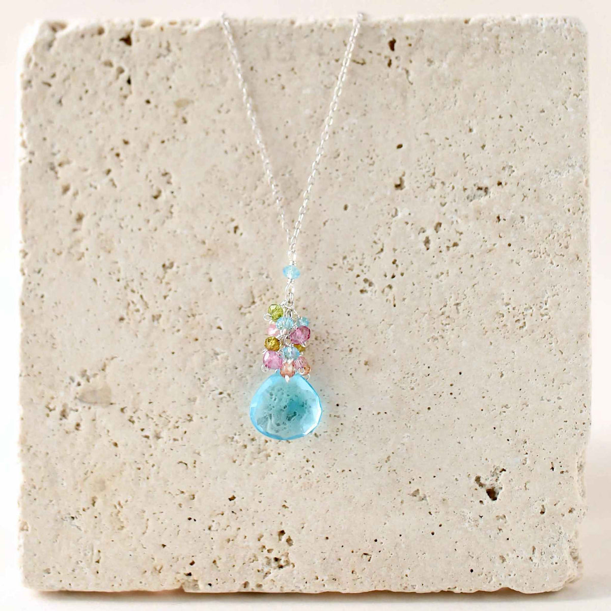Aquamarine quartz gold raindrop pendant necklace on 14k gold plated sterling silver chain