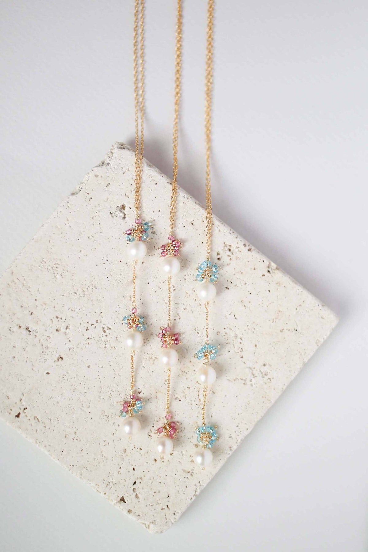 Pearl and pink tourmaline necklace with freshwater pearls and 14k gold plated sterling silver chain