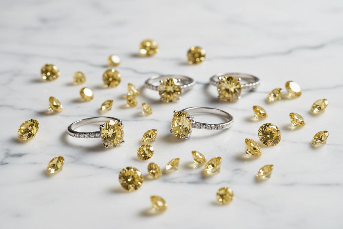 Bright yellow diamonds sparkling on white background