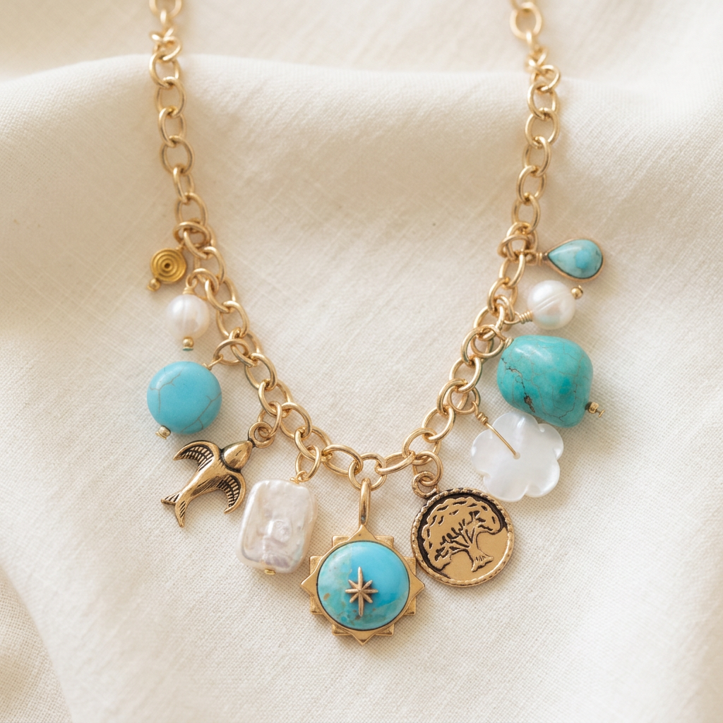 Turquoise, pearl, and gold charm necklace styled on ivory linen