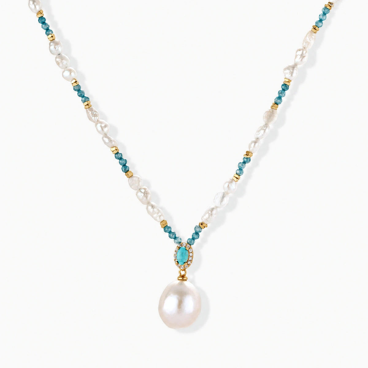 Beaded necklace with baroque pearls, turquoise stones, and gold accents featuring a large pearl pendant on white background.