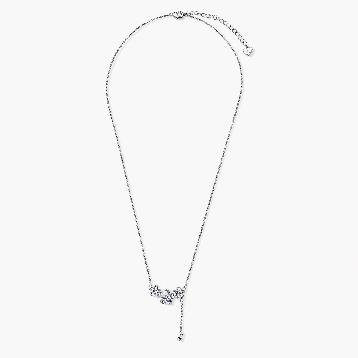 White gold plated Y-shaped necklace with three dimensional flower charms and adjustable drop pendant