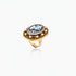 Gold-plated ring with oval blue floral cameo, pearl accents, and black enamel detailing on white background.