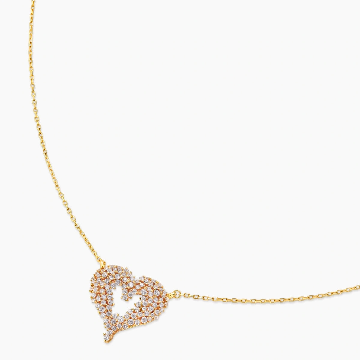 18K gold-plated 925 silver open heart pendant necklace with scattered cubic zirconia stones on a fine cable chain.
