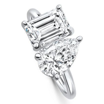AGI Certified 3.50 CTW Toi Et Moi Lab Grown Diamond Ring in Pear &amp; Emerald Cut 14K White Gold