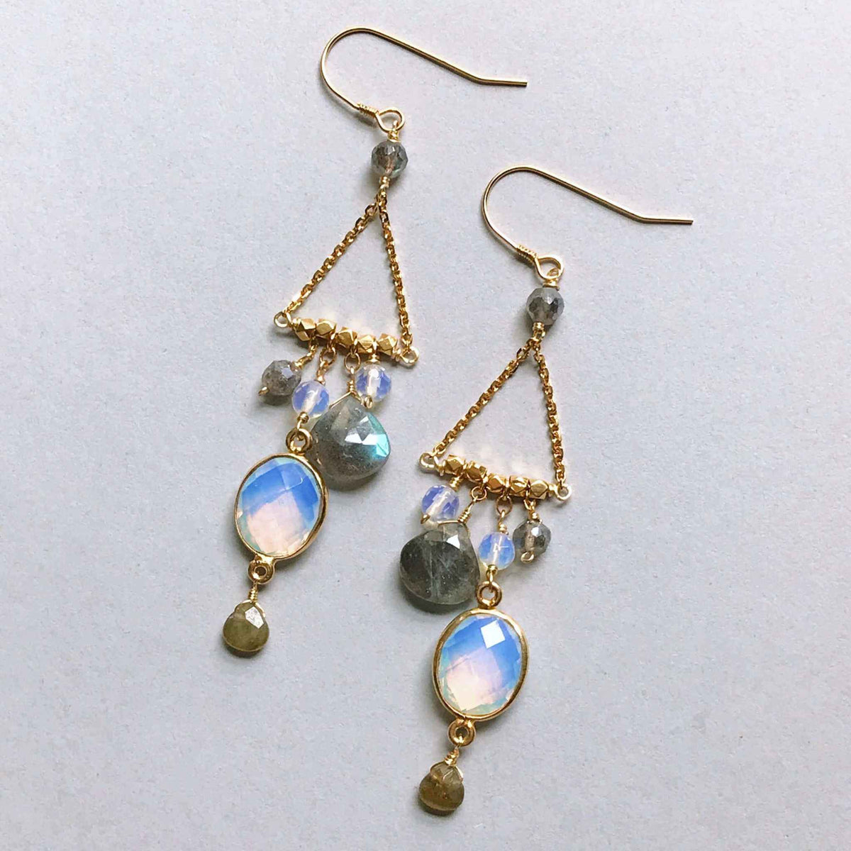 Opalite Chandie EarringsOur "chandies" are a modern take on classic chandelier earrings, using gemstone color combos and varying stone shapes and sizes. This pair features bezel set opal quEarringsPARKEN JEWELRYVettedArcOpalite Chandie Earrings