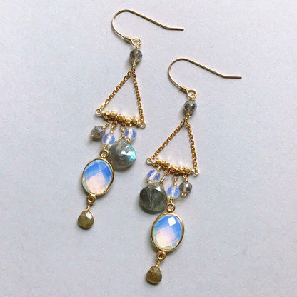 Opalite Chandie EarringsOur "chandies" are a modern take on classic chandelier earrings, using gemstone color combos and varying stone shapes and sizes. This pair features bezel set opal quEarringsPARKEN JEWELRYVettedArcOpalite Chandie Earrings