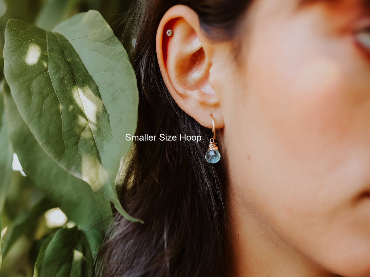 Garnet dangle huggie earrings pair, small hoops with red garnet drops for a minimalist look