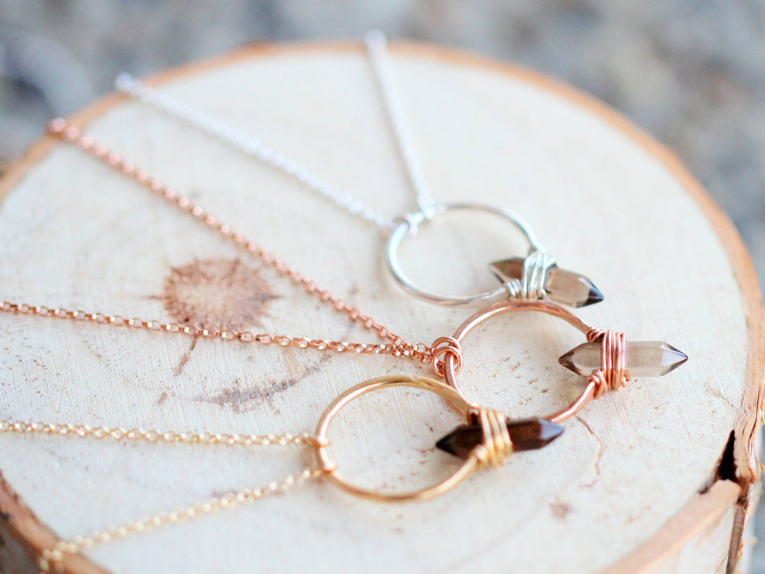Smoky quartz pendant necklace with crest design, close-up of translucent stone