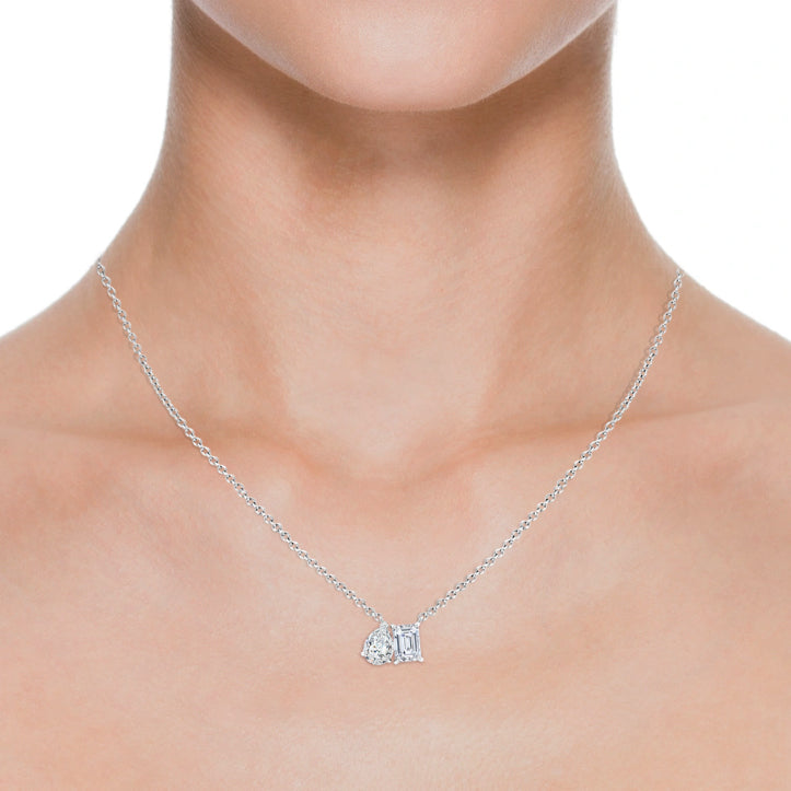 AGI Certified Lab-Grown Emerald-Cut &amp; Pear Diamond Two-Stone Pendant in 14K White Gold – Choice of 1ctw or 2ctw