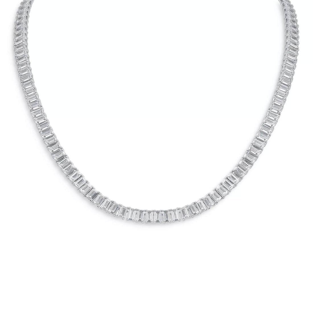 Emerald-cut created moissanite tennis necklace in 14K gold overlay, 30 CTW, 18 inches