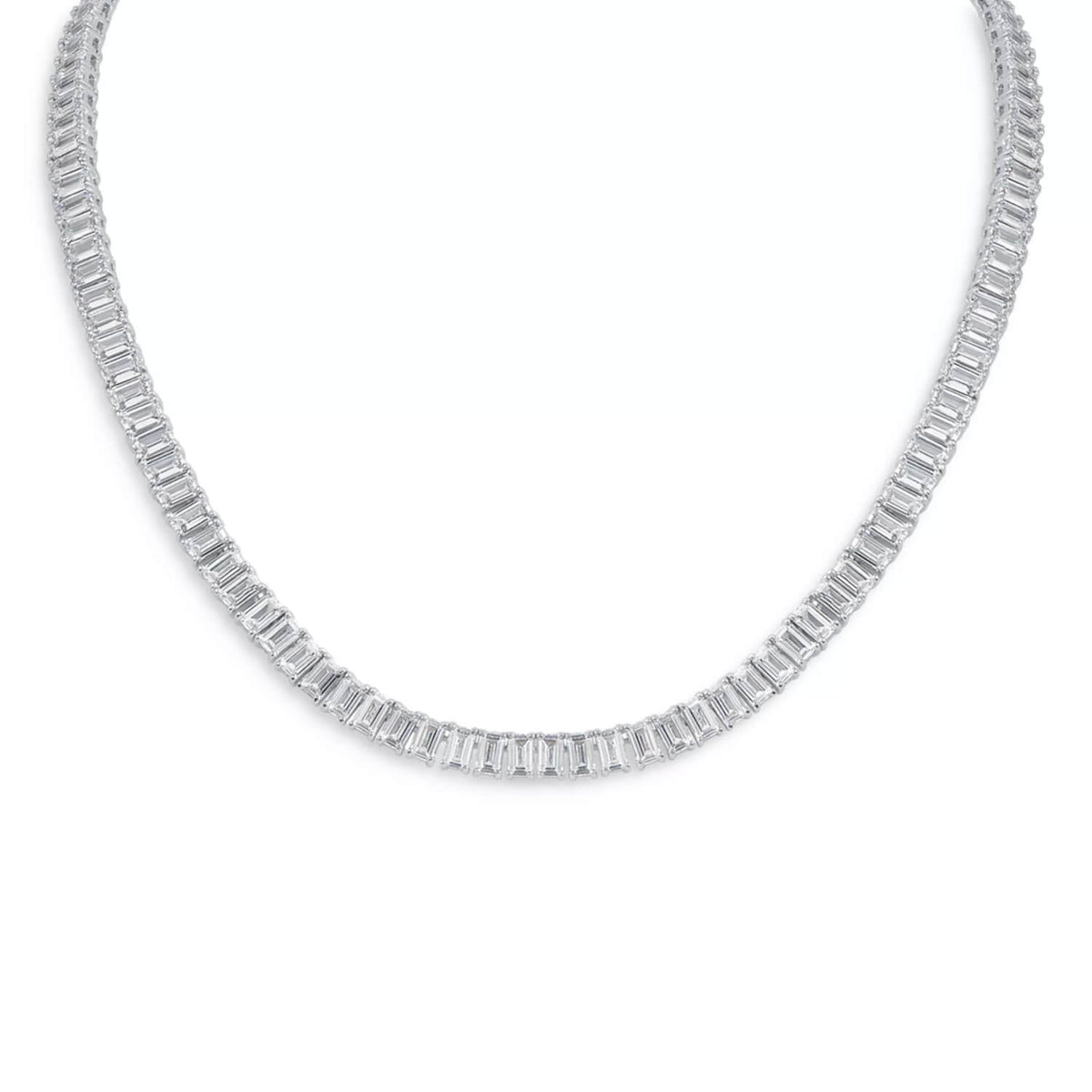 Emerald-cut created moissanite tennis necklace in 14K gold overlay, 30 CTW, 18 inches