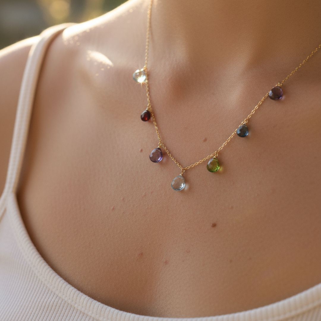Gold Rainbow Sparkler NecklaceHand-crafted to perfection, our Rainbow Sparkler Necklace is adorned with 7 dazzling gemstones meticulously placed on a delicate gold chain. Featuring aquamarine, peNecklacesPARKEN JEWELRYVettedArcGold Rainbow Sparkler Necklace