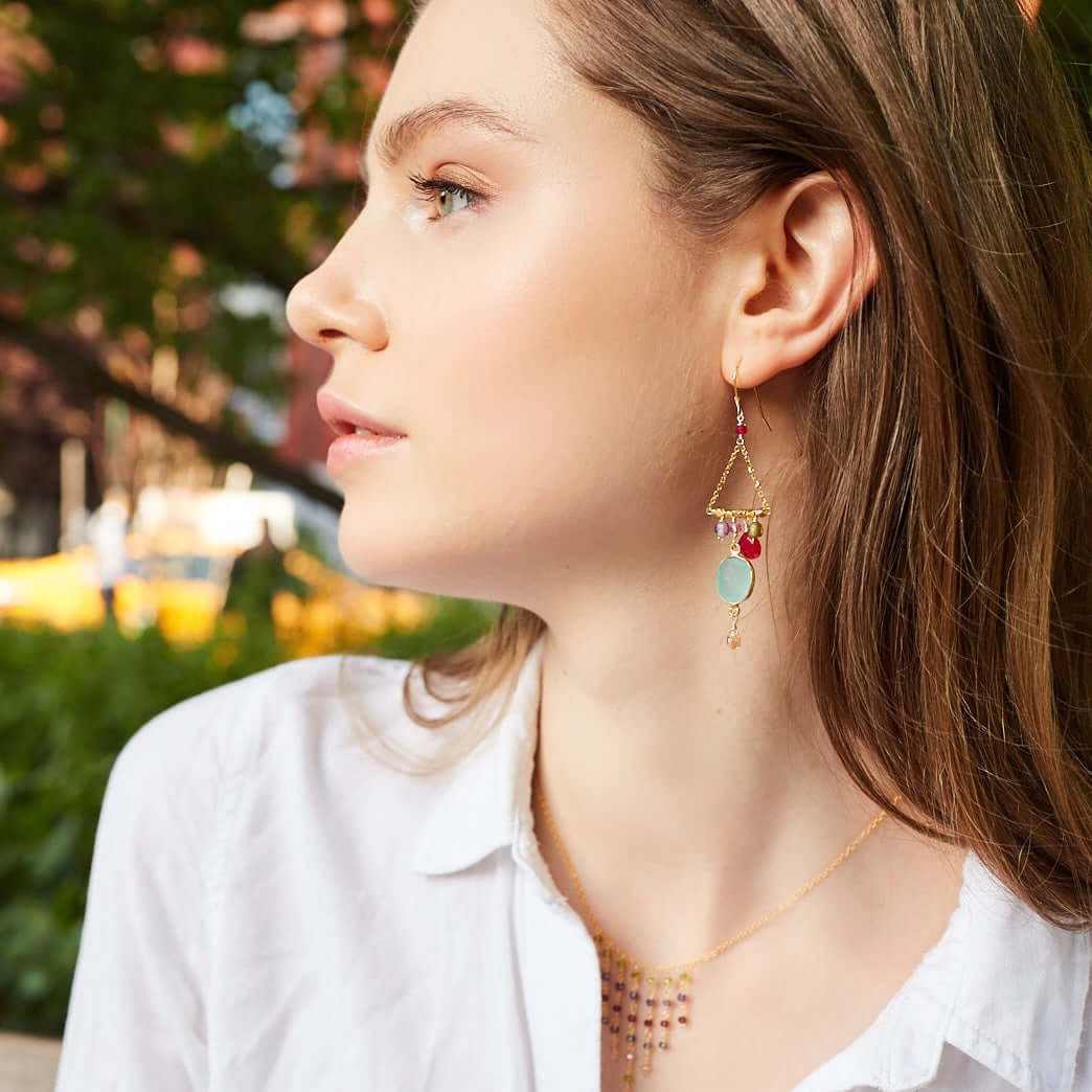 Rainbow Chandie EarringsOur "chandies" are a modern take on classic chandelier earrings, using gemstone color combos and varying stone shapes and sizes. This pair features bezel set blue chEarringsPARKEN JEWELRYVettedArcRainbow Chandie Earrings