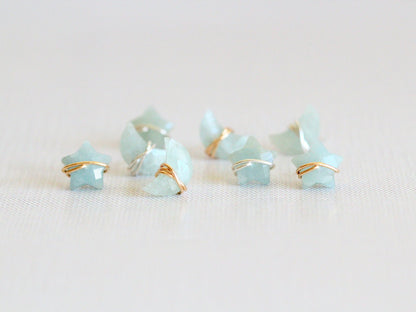 Aquamarine stud earrings with moon and stardust design, small celestial earrings for everyday wear