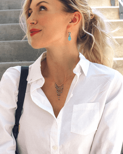 Blue Gemstone Fringe Necklace &amp; Earring SetWe paired our delicate gemstone fringe necklace with a beautiful gemstone cluster earring.
Fringe Necklace is made with Iolite and Blue Apatite gemstones- 16-18" lonNecklace/Earring KitPARKEN JEWELRYVettedArcBlue Gemstone Fringe Necklace