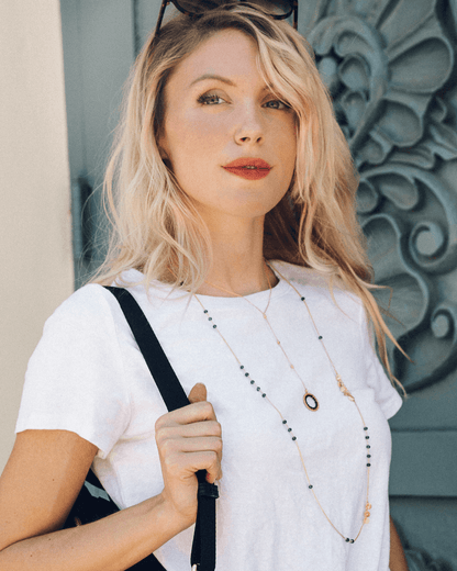 Black Spinel Necklace Layering SetWe paired our black spinel mini circle Y-necklace with our long black spinel gold layering chain.
Mini Circle Y Necklace made with Black Spinel gemstones- 20-22" lonNecklace/Earring KitPARKEN JEWELRYVettedArcBlack Spinel Necklace