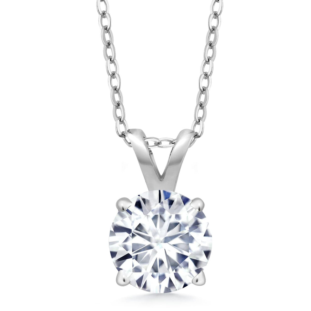 Round moissanite solitaire pendant necklace in 14k white gold on a fine chain