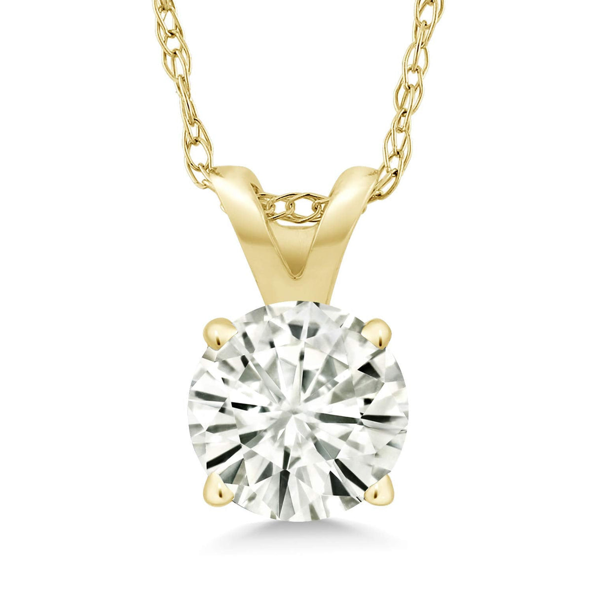 Side view of 14k gold pendant holding a 0.80 carat round moissanite gemstone