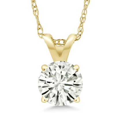 Side view of 14k gold pendant holding a 0.80 carat round moissanite gemstone