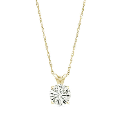 Moissanite pendant necklace in 14k gold shown with certificate of authenticity