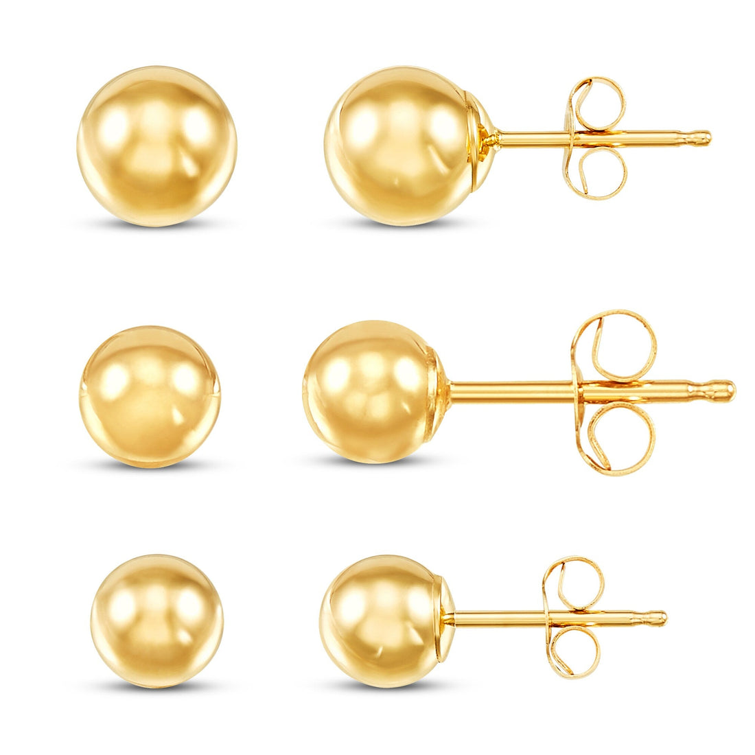 Set of three 14K yellow gold ball stud earrings in 4mm, 5mm and 6mm sizes