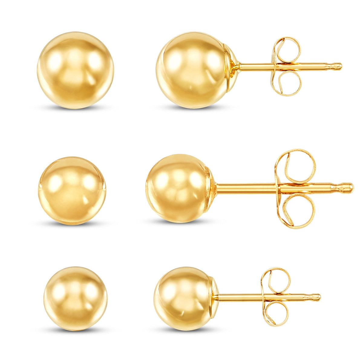 Set of three 14K yellow gold ball stud earrings in 4mm, 5mm and 6mm sizes