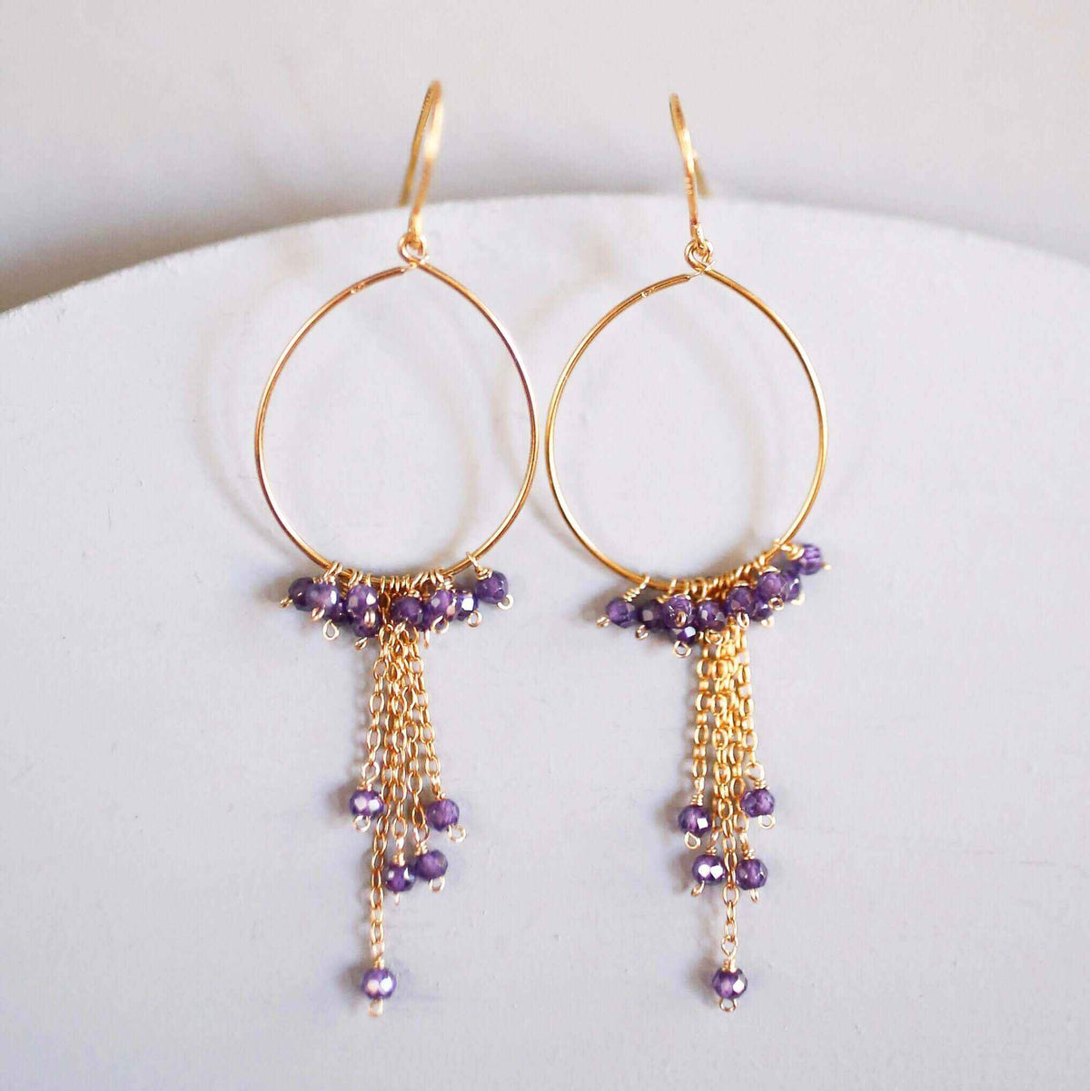 Amethyst gold mini swing hoop earrings with delicate gemstone chains and French hooks