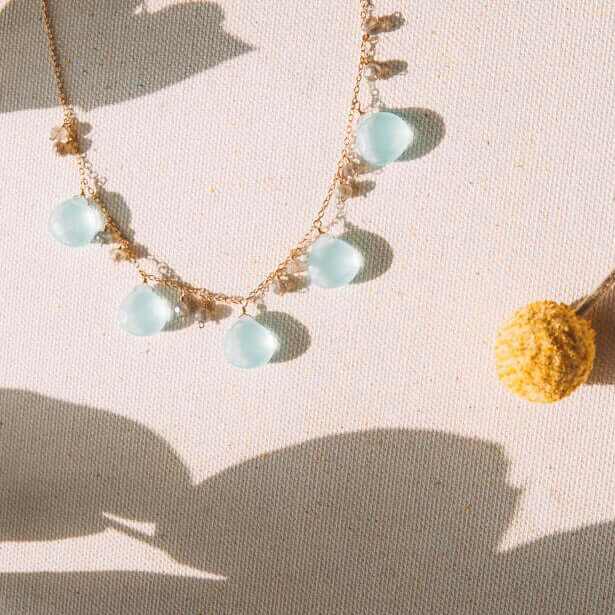 Aqua Chalcedony and Labradorite Sparkler Necklace with gold plating and sterling silver chain