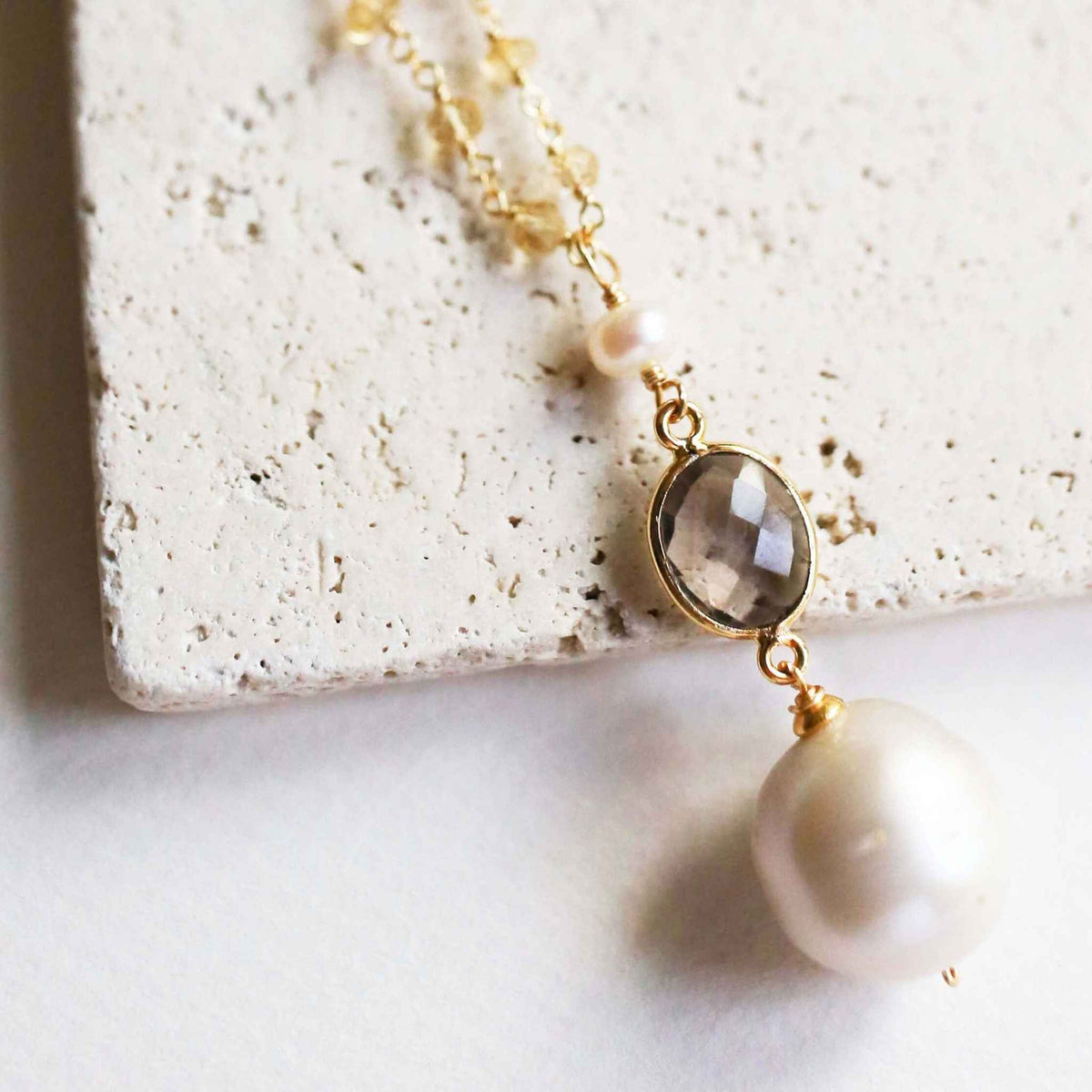 Convertible aqua chalcedony pearl necklace with large baroque pearl and 14k gold plated sterling silver chain